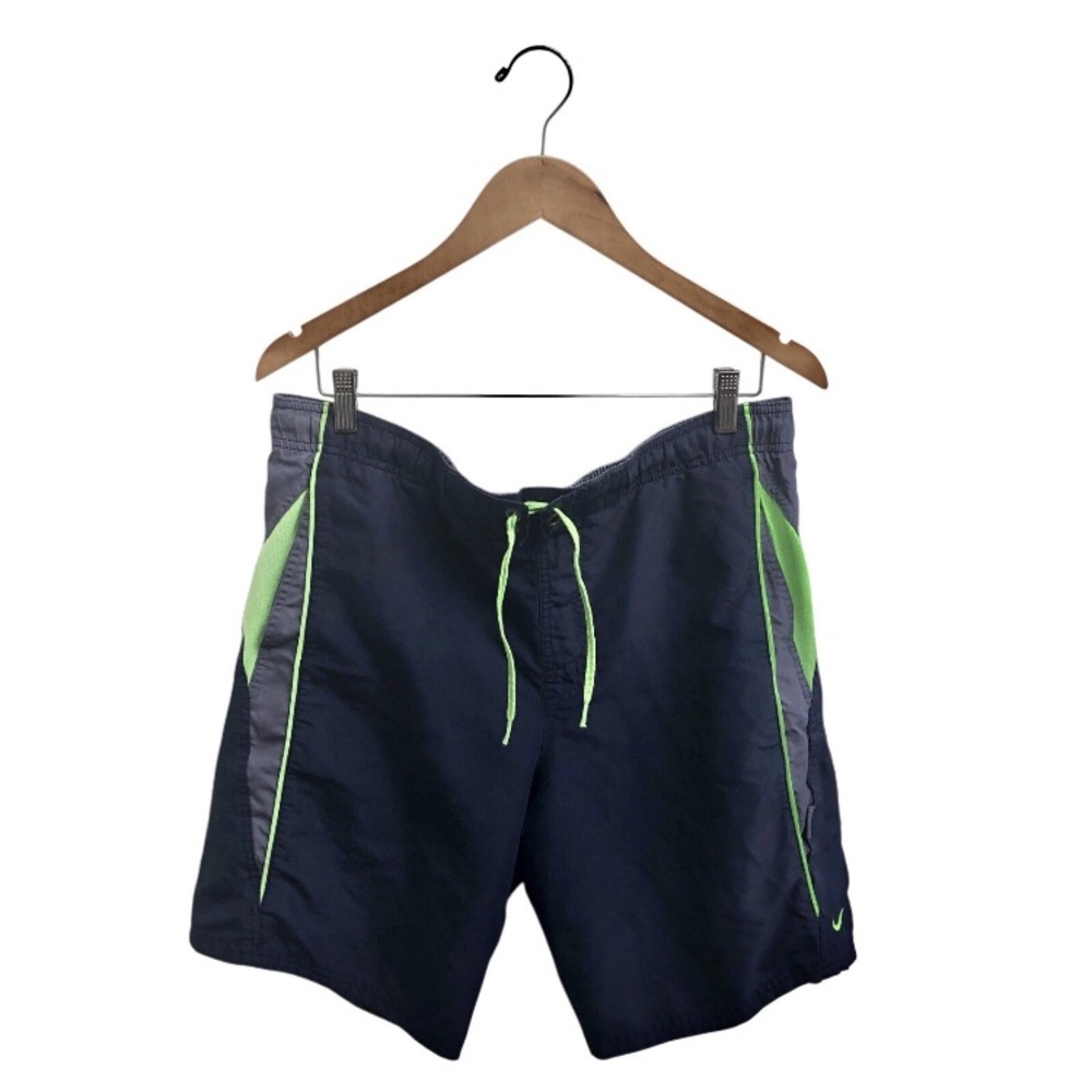 VINTAGE NIKE SWIM TRUNKS - Mens Medium Gray Pockets Swoosh 90s Neon Board Shorts